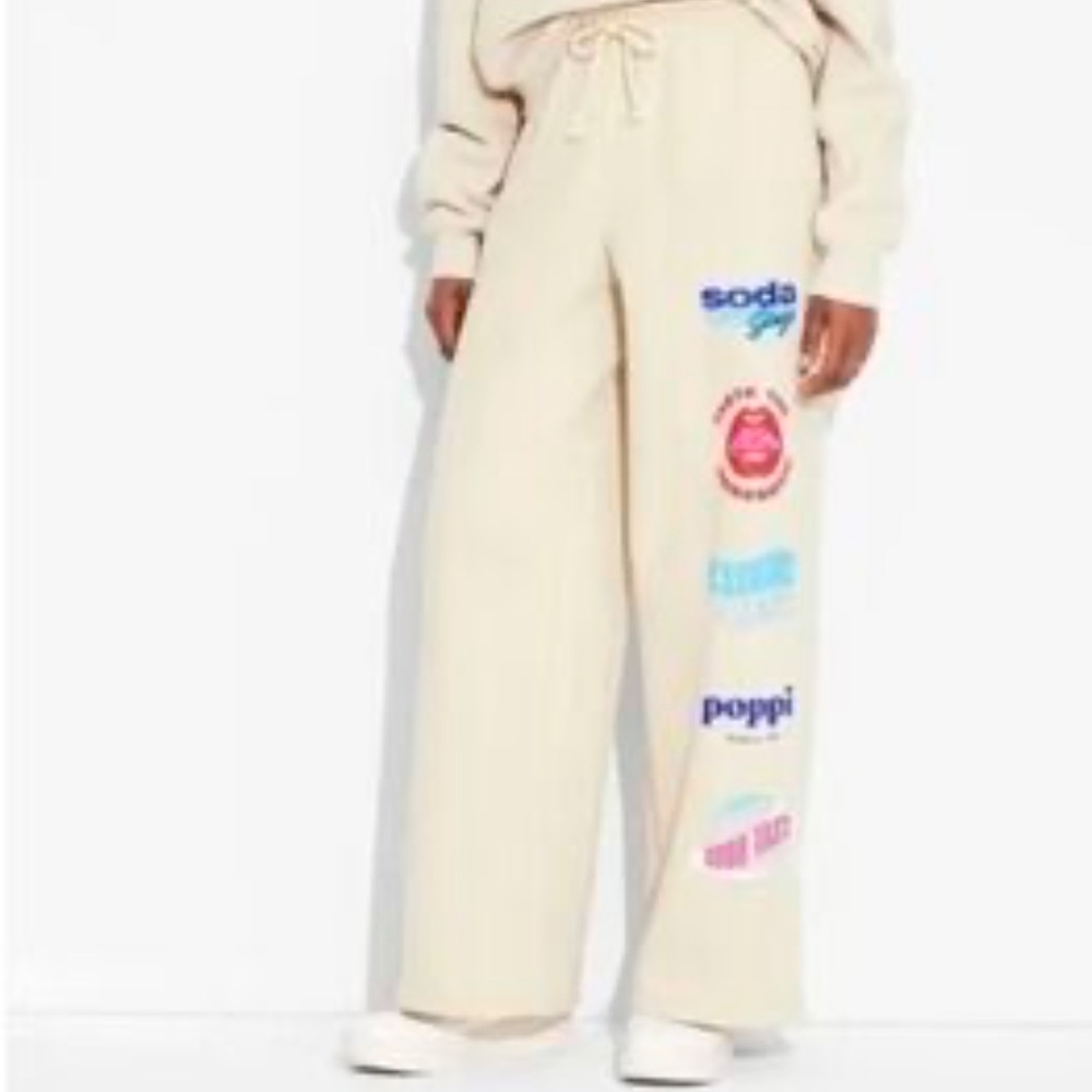 POPPI I Sweatpants Cream Colorful Graphics Poppi Soda Wide Leg Size Large/ XL